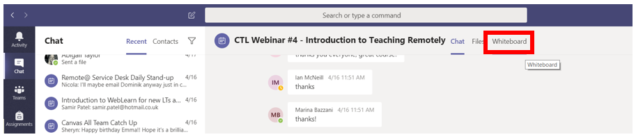 Whiteboard option in Teams